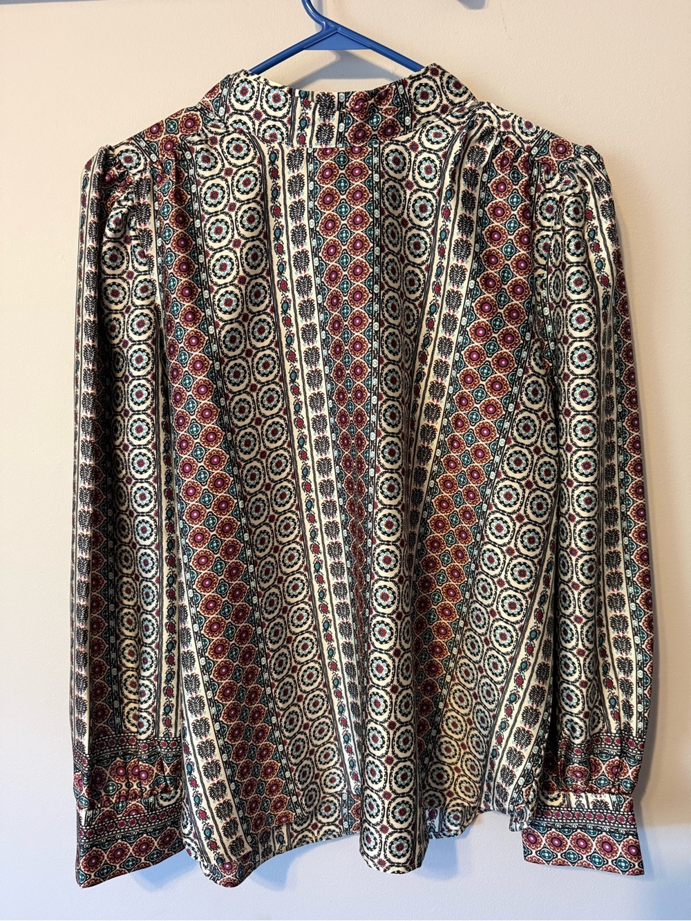 LOFT Cream Blouse with Burgundy & Teal Medallion Print